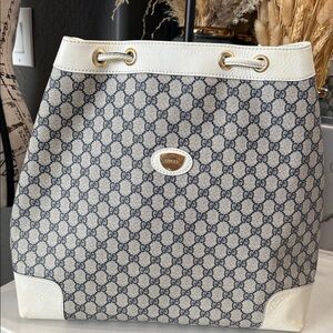 Gucci Vintage GG Canvas Leather Drawstring White and Blue Monogram Tote W/COA